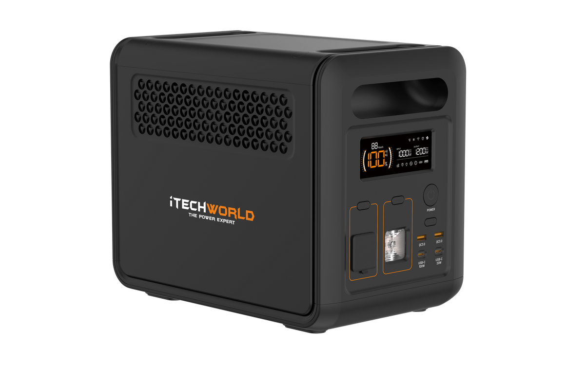 A black iTechworld 1200W 80Ah PS1200 Portable Lithium Power Station with Bluetooth, featuring a pure sine wave inverter, LiFePO4 battery, digital display, multiple ports, and vented sides, is shown on a plain white background.