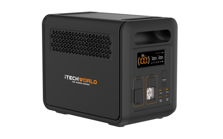 A black iTechworld 1200W 80Ah PS1200 Portable Lithium Power Station with Bluetooth, featuring a pure sine wave inverter, LiFePO4 battery, digital display, multiple ports, and vented sides, is shown on a plain white background.
