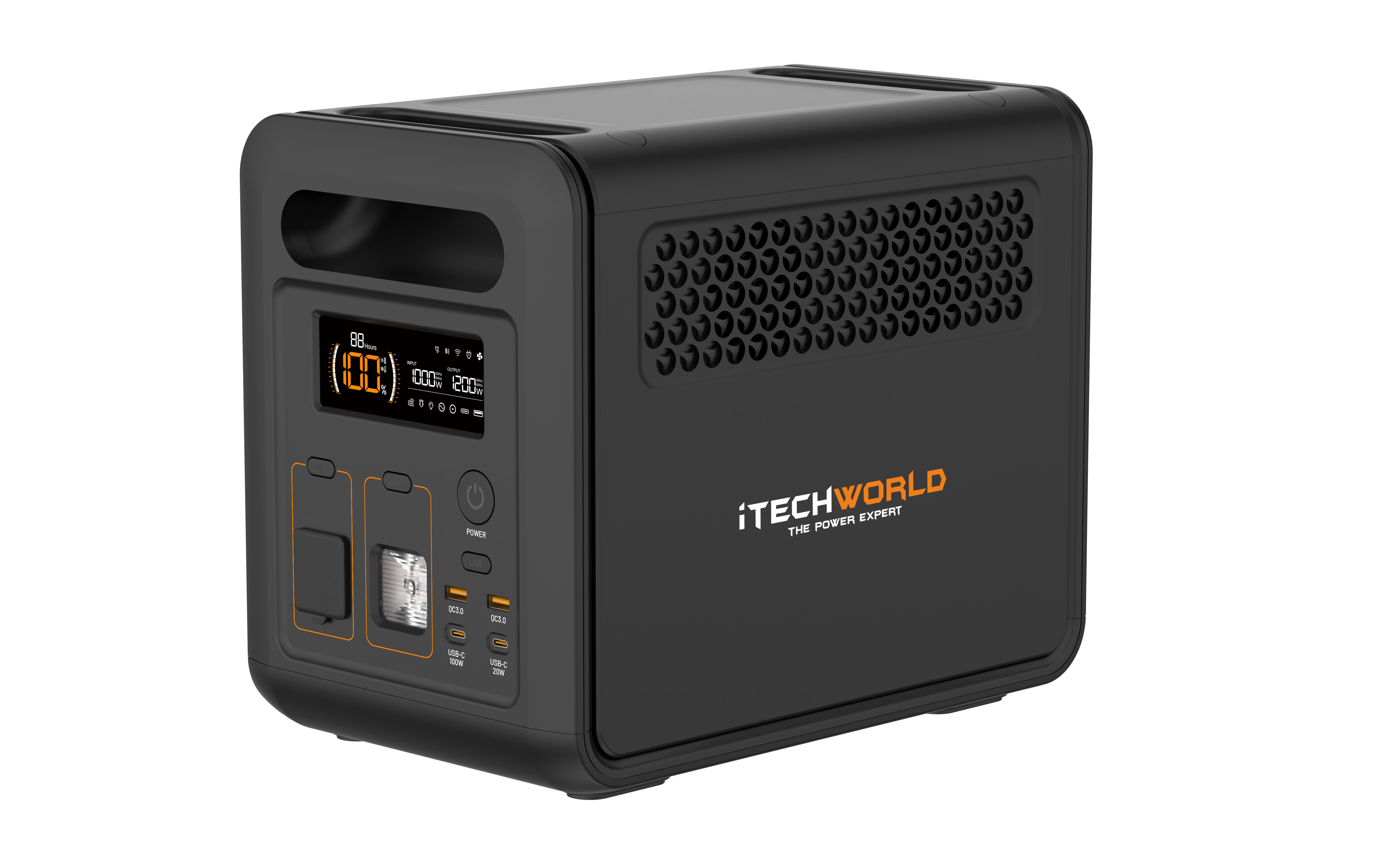 A black iTechworld 1200W 80Ah PS1200 Portable Lithium Power Station with Bluetooth, featuring a pure sine wave inverter, digital display, buttons, outlets, and vents, set against a light gray background.