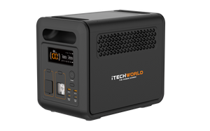 A black iTechworld 1200W 80Ah PS1200 Portable Lithium Power Station with Bluetooth, featuring a pure sine wave inverter, digital display, buttons, outlets, and vents, set against a light gray background.
