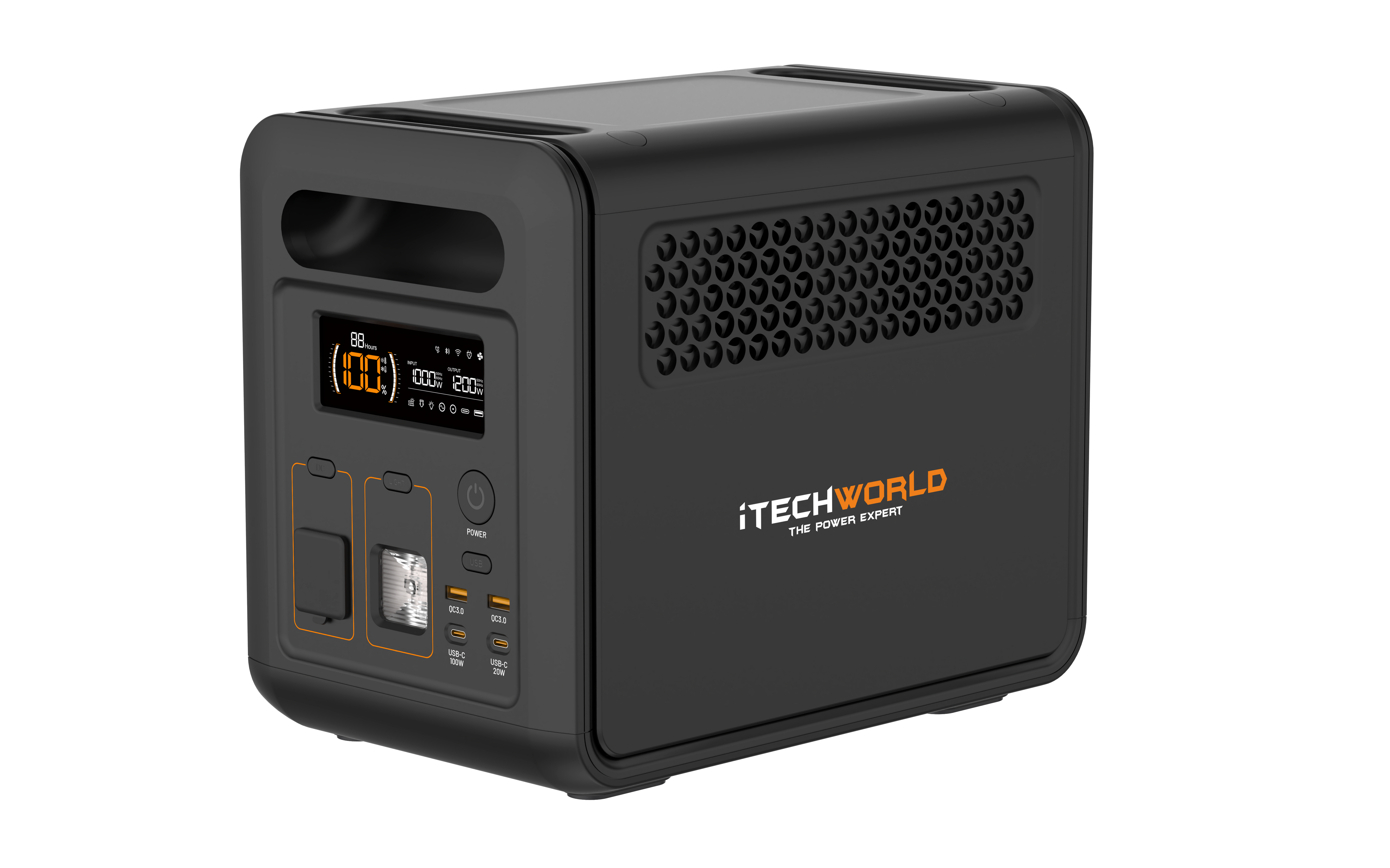A black iTechworld 1200W 80Ah PS1200 Portable Lithium Power Station with Bluetooth, featuring a pure sine wave inverter, digital display, buttons, outlets, and vents, set against a light gray background.