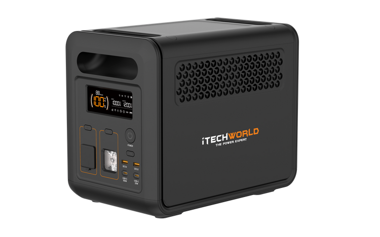 A black iTechworld 1200W 80Ah PS1200 Portable Lithium Power Station with Bluetooth, featuring a pure sine wave inverter, digital display, buttons, outlets, and vents, set against a light gray background.