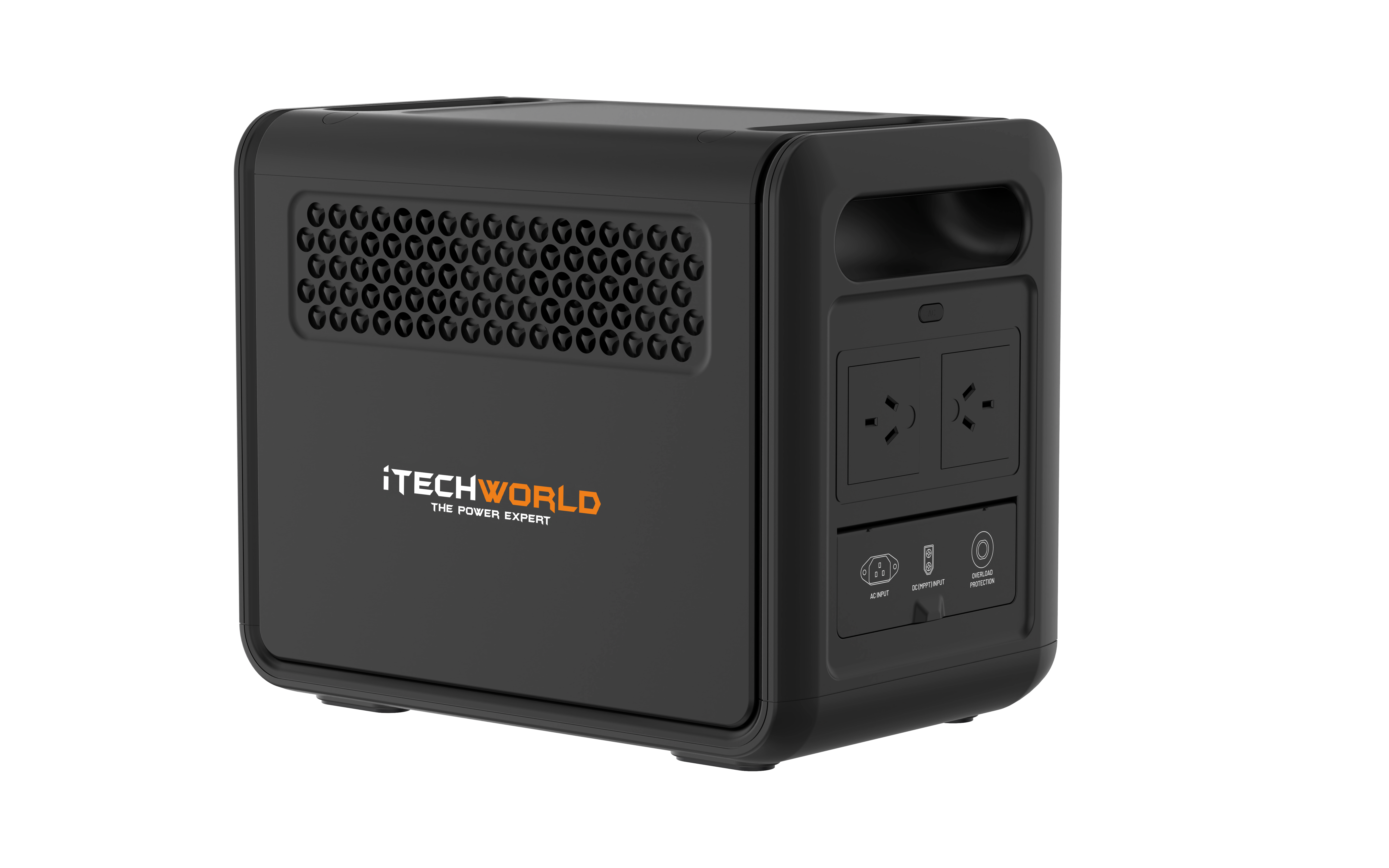 A black iTechworld 1200W 80Ah PS1200 Portable Lithium Power Station with Bluetooth, equipped with a durable LiFePO4 battery, two power outlets, USB ports, ventilation holes, and a handle, is placed on a plain white background.