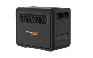 A black iTechworld 1200W 80Ah PS1200 Portable Lithium Power Station with Bluetooth, equipped with a durable LiFePO4 battery, two power outlets, USB ports, ventilation holes, and a handle, is placed on a plain white background.