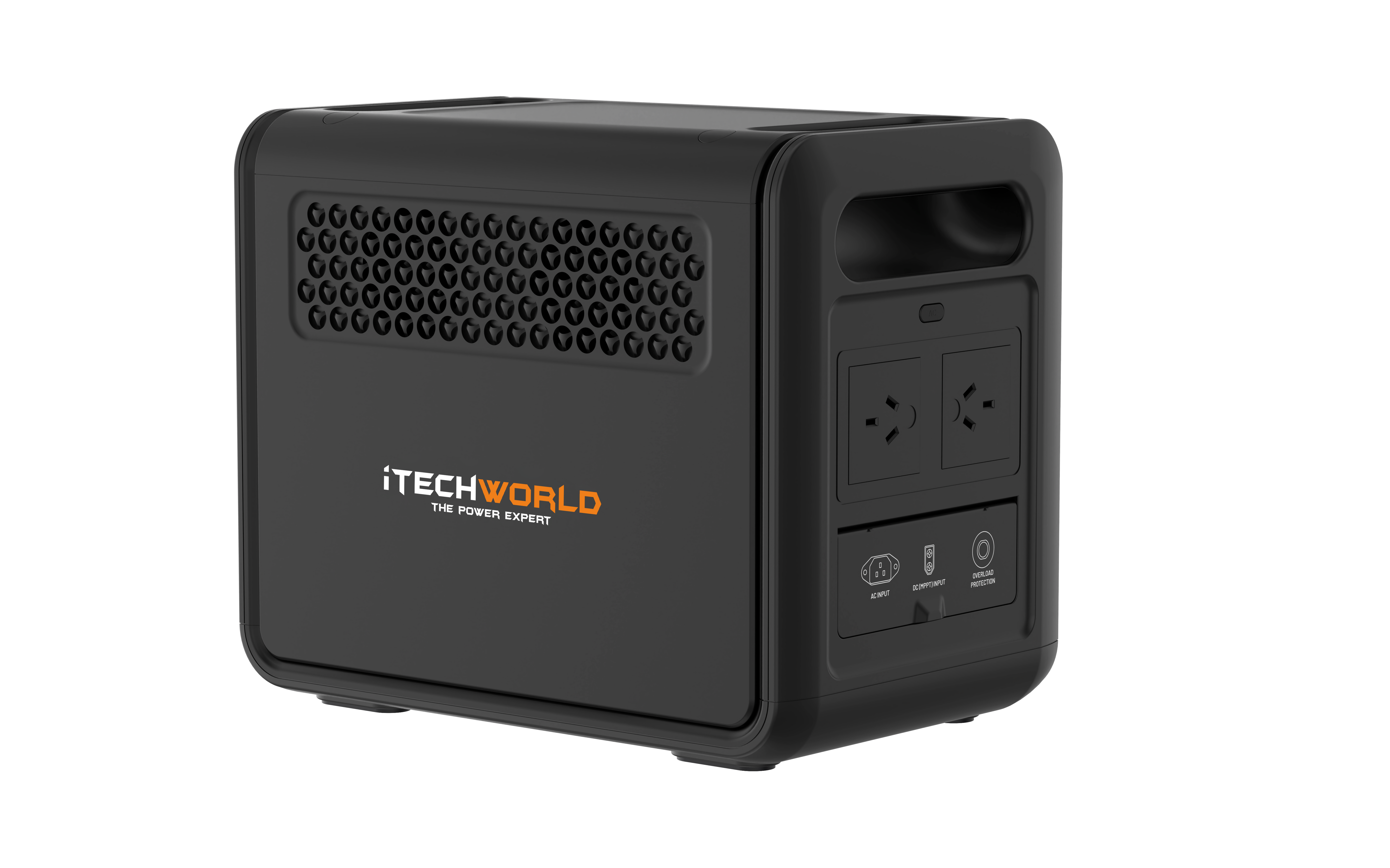 A black iTechworld 1200W 80Ah PS1200 Portable Lithium Power Station with Bluetooth, equipped with a durable LiFePO4 battery, two power outlets, USB ports, ventilation holes, and a handle, is placed on a plain white background.