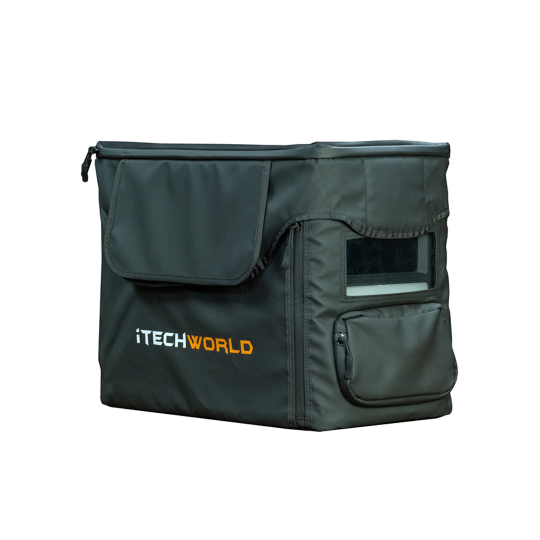 A black rectangular insulated bag with side pockets, a top flap, and iTechworld’s white-orange logo—shown on a white background. Available as a Free Gift: 🎁 iTechworld Power Station Cover for PS1800 PRO (100% off) from iTechworld.