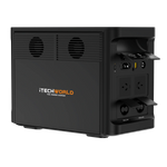 A black iTechworld 2000W 120AH PS1800 PRO Portable Lithium Power Station with Bluetooth, featuring a LiFePO4 battery and pure sine wave output, multiple outlets, and vents, is shown from the side on a plain white background.