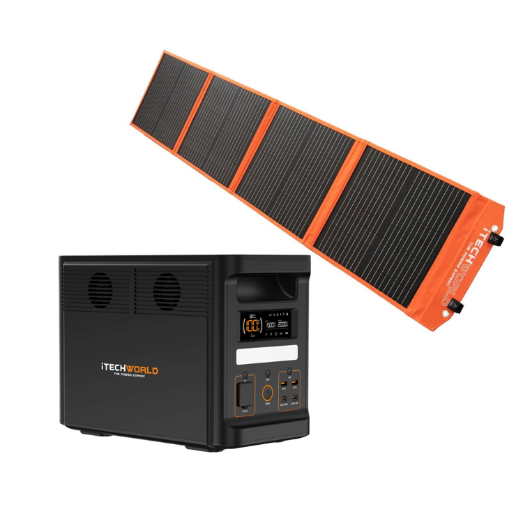 ITechworld Essential | Solar Generator Kit | PS1800 PRO Power Station and 100W Solar Blanket, featuring a digital display and various ports, accompanied by a foldable four-panel solar blanket.