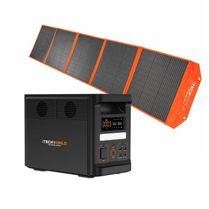An iTechworld Ultimate | Solar Generator Kit, featuring the PS1800 PRO Power Station in black with a digital display, is displayed in front of an unfolded orange and gray 300W solar blanket. Both branded with iTechworld, this kit offers the perfect combination for dependable portable power anywhere you go.