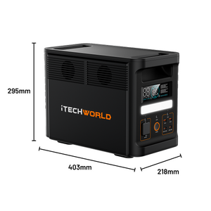 The iTechworld PS1800 PRO Portable Lithium Power Station (120Ah) features a black design with logo, pure sine wave AC output, digital display, multiple ports/outlets, and measures 403mm x 218mm x 295mm. Shown on a white background.