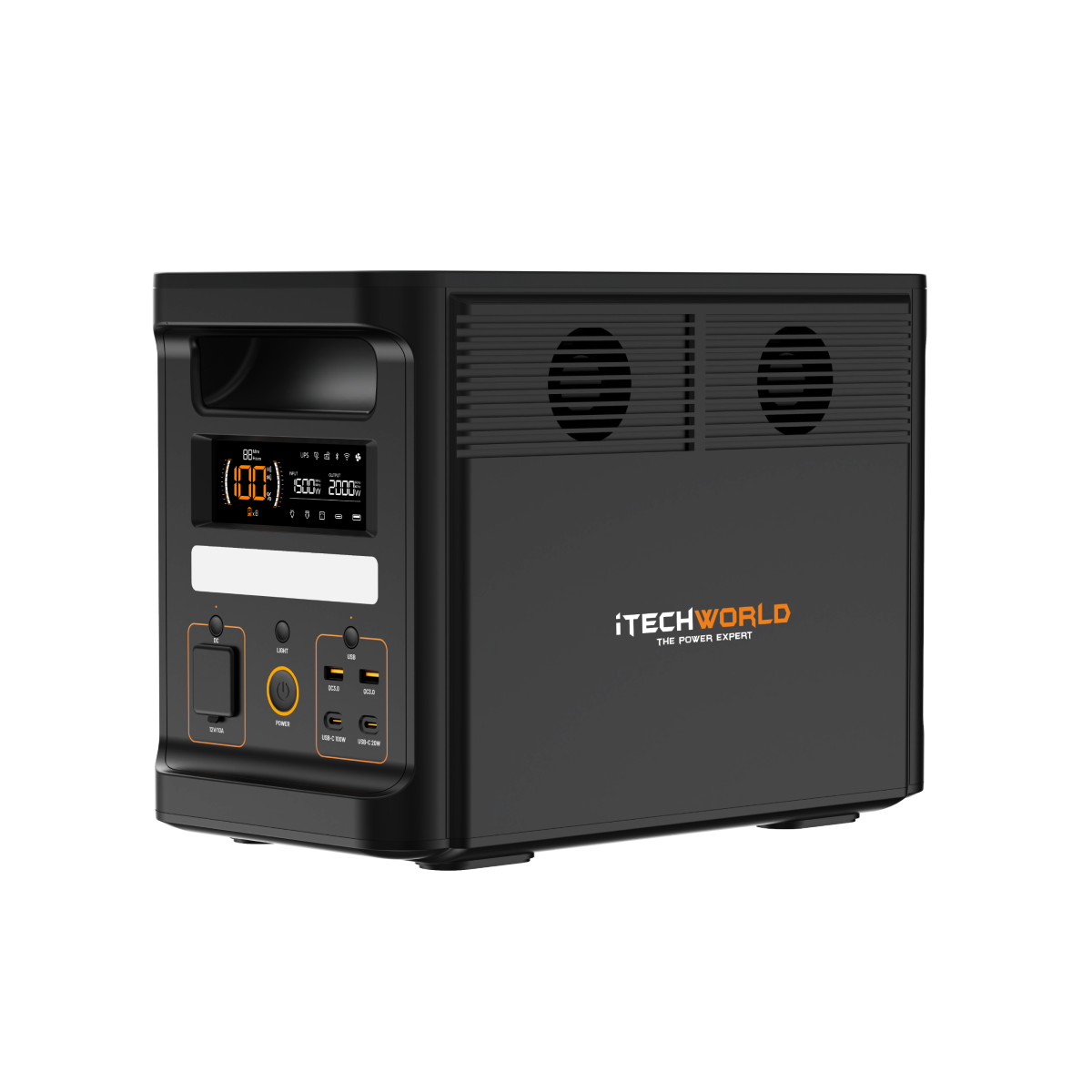 A black portable lithium power station, the iTechworld 1800W 120AH PS1800 PRO, features a digital display, multiple ports, buttons, vents, Bluetooth connectivity, and the iTECHWORLD THE POWER EXPERT logo on the side. Equipped with a reliable LiFePO4 battery and delivering a robust 1800W pure sine wave output, this unit provides dependable power wherever you need it.