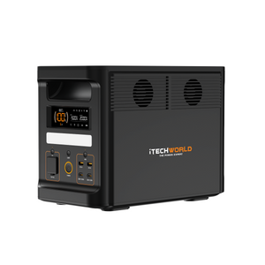 A black portable lithium power station, the iTechworld 1800W 120AH PS1800 PRO, features a digital display, multiple ports, buttons, vents, Bluetooth connectivity, and the iTECHWORLD THE POWER EXPERT logo on the side. Equipped with a reliable LiFePO4 battery and delivering a robust 1800W pure sine wave output, this unit provides dependable power wherever you need it.