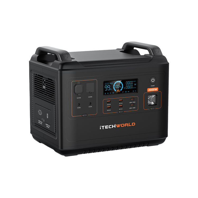 The iTechworld Elite PS2000 Power Station features a digital display, control buttons, various ports, top handles, and 2000W branding. This portable device pairs with a 300W Solar Blanket for easy charging in the Solar Generator Kit.