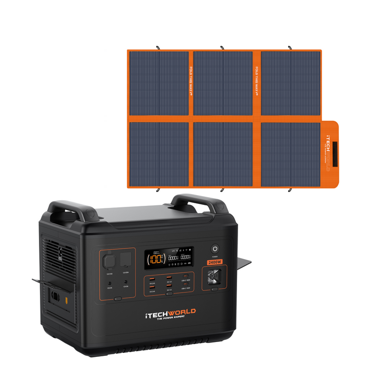 The Flexi Off-Grid Solar Generator Kit by iTechworld, featuring the PS2000 Power Station with digital display and multiple ports, is shown next to a foldable orange and black 200W solar mat labeled “iTechworld.”.