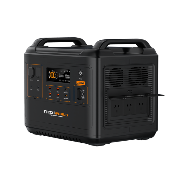 A black iTechworld 2400W 170Ah PS2000 Portable Lithium Power Station with Bluetooth, featuring a built-in LiFePO4 battery, multiple outlets, digital display, buttons, and handles on top, shown on a white background.