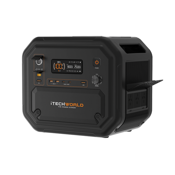The iTechworld 2800W 180AH PS2800 PRO Portable Lithium Power Station features a rugged, modern black design with a digital display, control buttons, power outlets, and a convenient handle. The brand name “iTechworld” is displayed on the front panel. Equipped with a high-capacity LiFePO4 battery for enhanced safety and durability, this unit also supports Bluetooth connectivity.