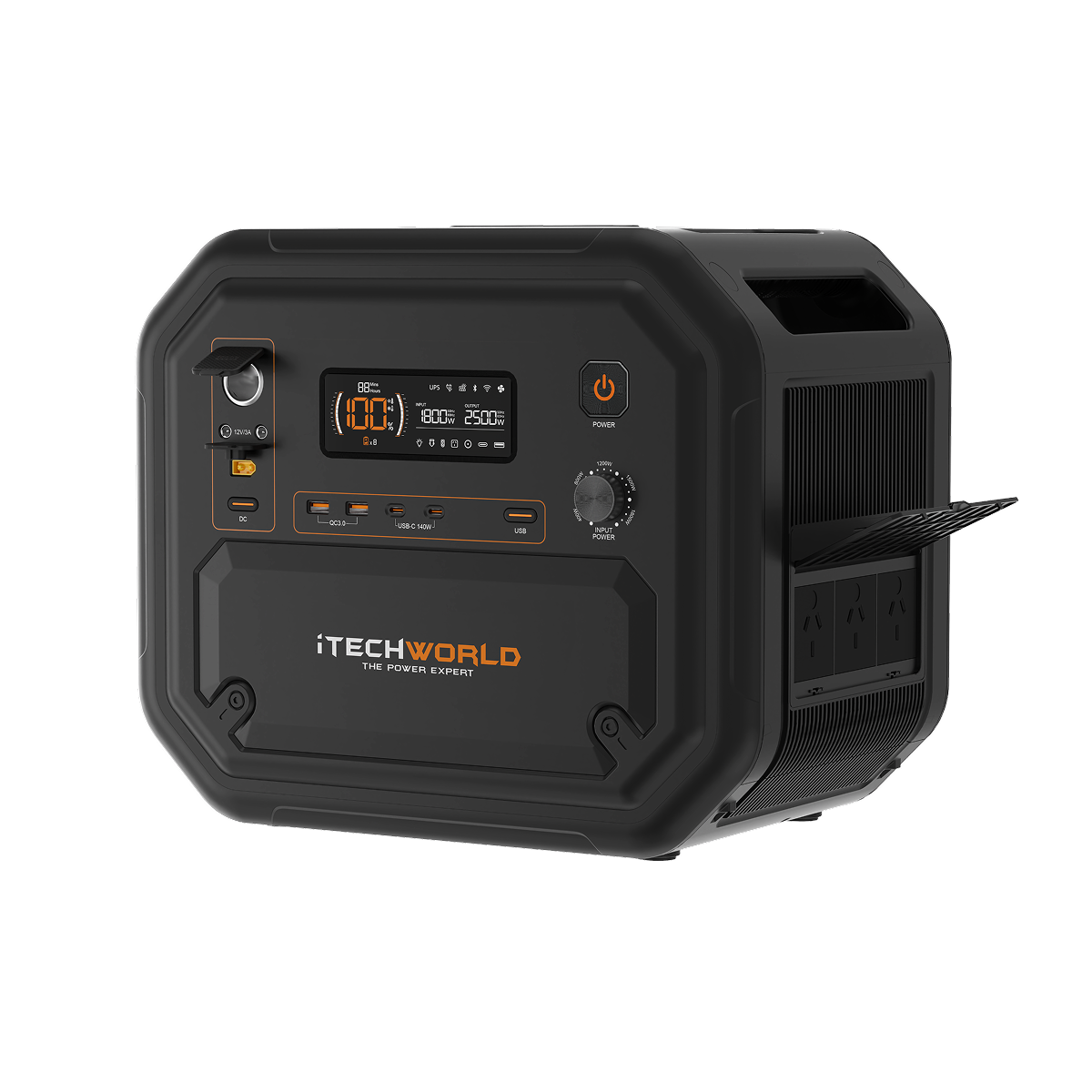 Here’s a revised sentence using the product data: The iTechworld 2800W 180AH PS2800 PRO Lithium Power Station features a black LiFePO4 battery, Bluetooth connectivity, digital display, control buttons, multiple power outlets, and prominent iTechworld branding on the front. Handles are located on both sides for easy carrying.