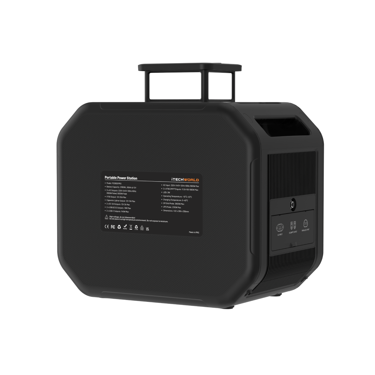 A black, portable iTechworld PS2800 PRO Lithium Power Station (2800W 180AH) with a convenient top handle is shown. The unit features ventilation slats, indicator icons, and a specifications label on the side. Equipped with a reliable LiFePO4 battery and Pure Sine Wave Inverter, it ensures efficient and safe power delivery for your devices. Bluetooth connectivity adds extra convenience for monitoring and control.