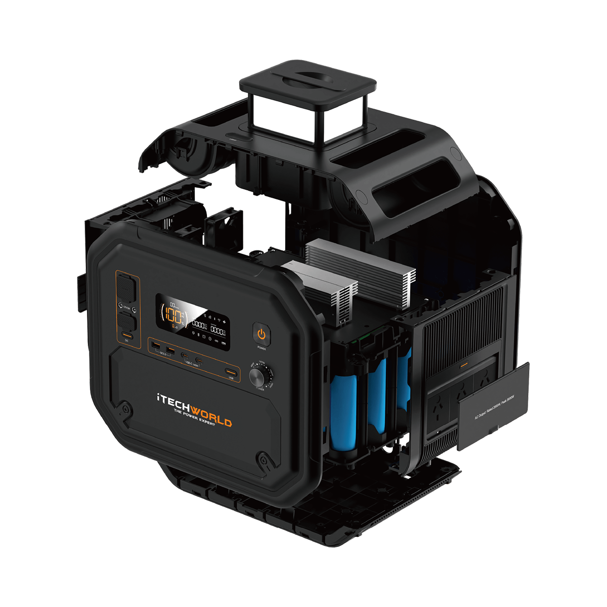 A black iTechworld PS2800 PRO Lithium Power Station (2800W 180AH | With Bluetooth) is shown with an open, partially exploded view, revealing its internal components—including a LiFePO4 battery, advanced circuitry, and heat sinks—set against a white background.