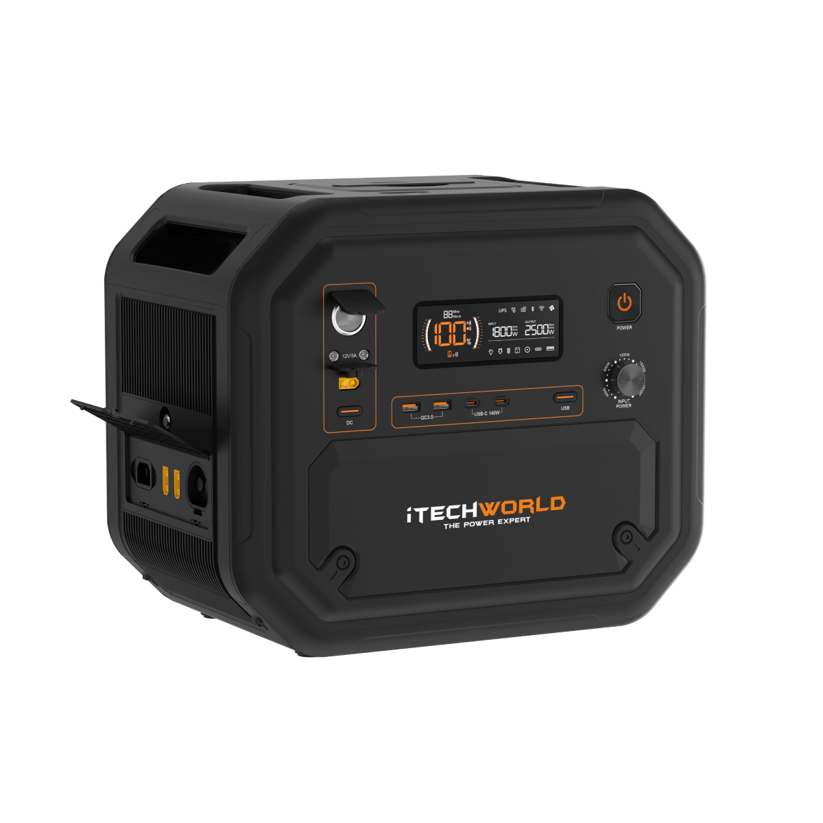 The iTechworld 2800W 180AH PS2800 PRO Lithium Power Station (with Bluetooth) is a black portable unit featuring an LED display, control buttons, and multiple input/output ports on the front panel. Equipped with a built-in Pure Sine Wave Inverter, it delivers clean and reliable power for all your devices.