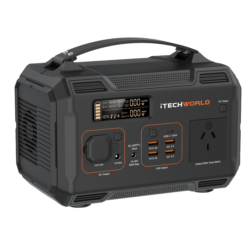 The iTechworld Essential PS300 Solar Generator Kit features a black and gray portable lithium power station with digital display, control buttons, labeled AC/USB/DC ports, top handle, plus a 100W solar blanket for versatile charging.