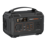 The iTechworld Essential PS300 Solar Generator Kit features a black and gray portable lithium power station with digital display, control buttons, labeled AC/USB/DC ports, top handle, plus a 100W solar blanket for versatile charging.