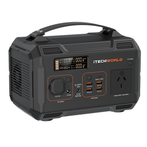 The iTechworld Essential PS300 Solar Generator Kit features a black and gray portable lithium power station with digital display, control buttons, labeled AC/USB/DC ports, top handle, plus a 100W solar blanket for versatile charging.