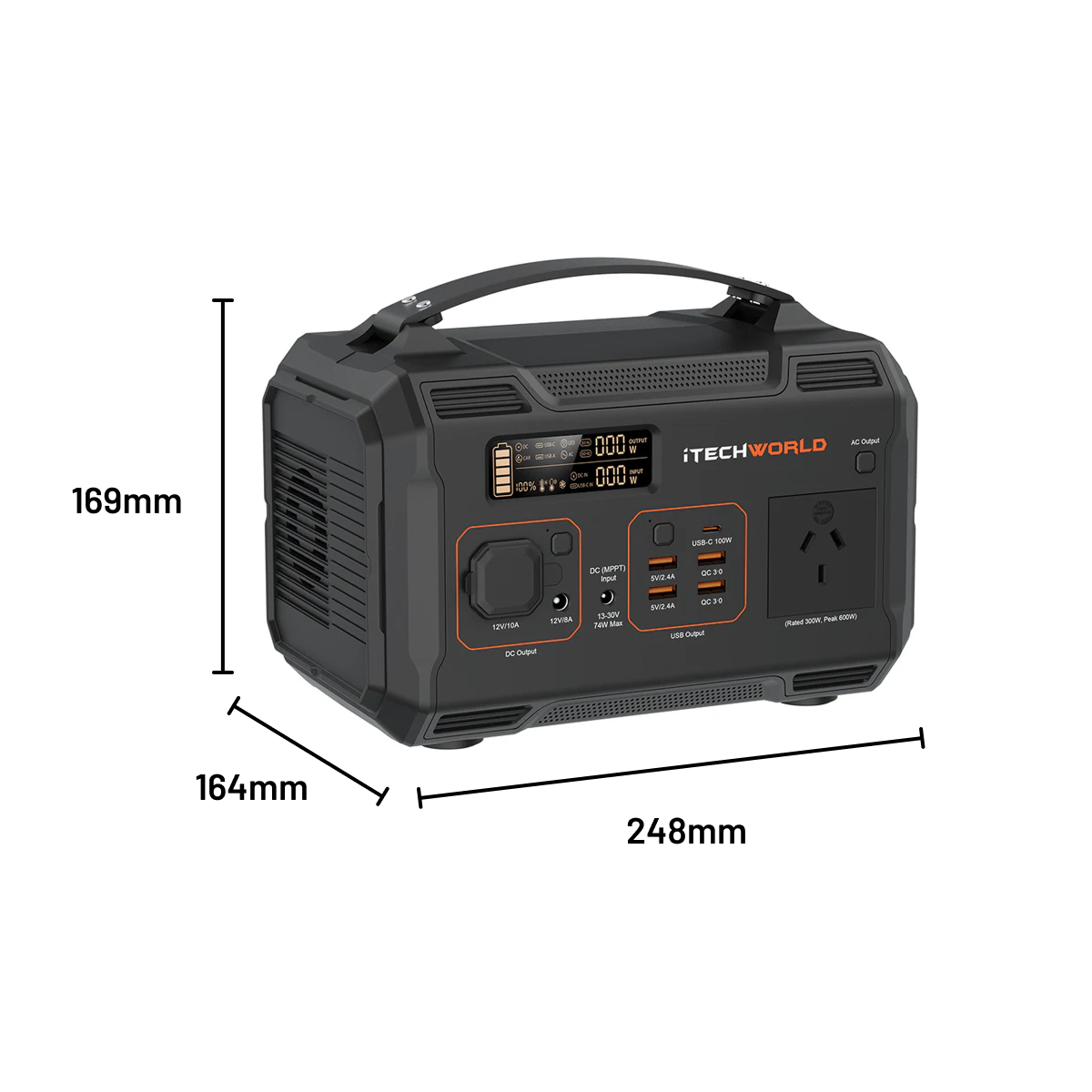The iTechworld PS300 Portable Lithium Power Station (300W, 21.5Ah) features a black and orange design with handle, digital display, multiple ports, and labeled dimensions: 169mm height, 164mm depth, 248mm width.