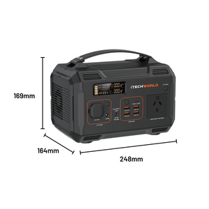 The iTechworld PS300 Portable Lithium Power Station (300W, 21.5Ah) features a black and orange design with handle, digital display, multiple ports, and labeled dimensions: 169mm height, 164mm depth, 248mm width.
