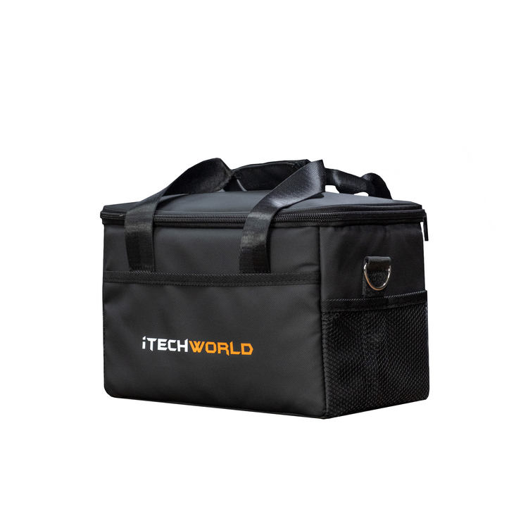 The iTechworld Power Station Carry Bag PS300 is a black, rectangular zippered bag with handles and mesh side pocket, featuring the iTECHWORLD logo—ideal for your next BOGO Bundle from BOGOS.io.