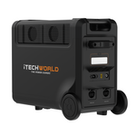 A black iTechworld 3600W 320Ah PS3600 PRO Portable Lithium Power Station with Bluetooth, featuring wheels, the label “THE POWER EXPERT,” a powerful 3840Wh LiFePO4 battery, various input and output ports on the side, and large ventilation grills.