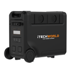 The iTechworld PS3600 PRO Portable Lithium Power Station is a black, wheeled unit with a sturdy handle for easy transport. Its front panel features a display screen, control buttons, and multiple ports. Powered by a robust 3840Wh LiFePO4 battery and a 3600W pure sine wave inverter for reliable energy delivery, it also offers Bluetooth connectivity. The side showcases the iTechworld The Power Expert logo in white and orange text.