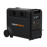 The iTechworld 3600W 300Ah PS3600 PRO Portable Lithium Power Station is a black unit with wheels, a digital display, control panel, multiple outlets, and prominent branding on the side. Equipped with a dependable LiFePO4 lithium battery, it serves as an excellent off-grid power solution.