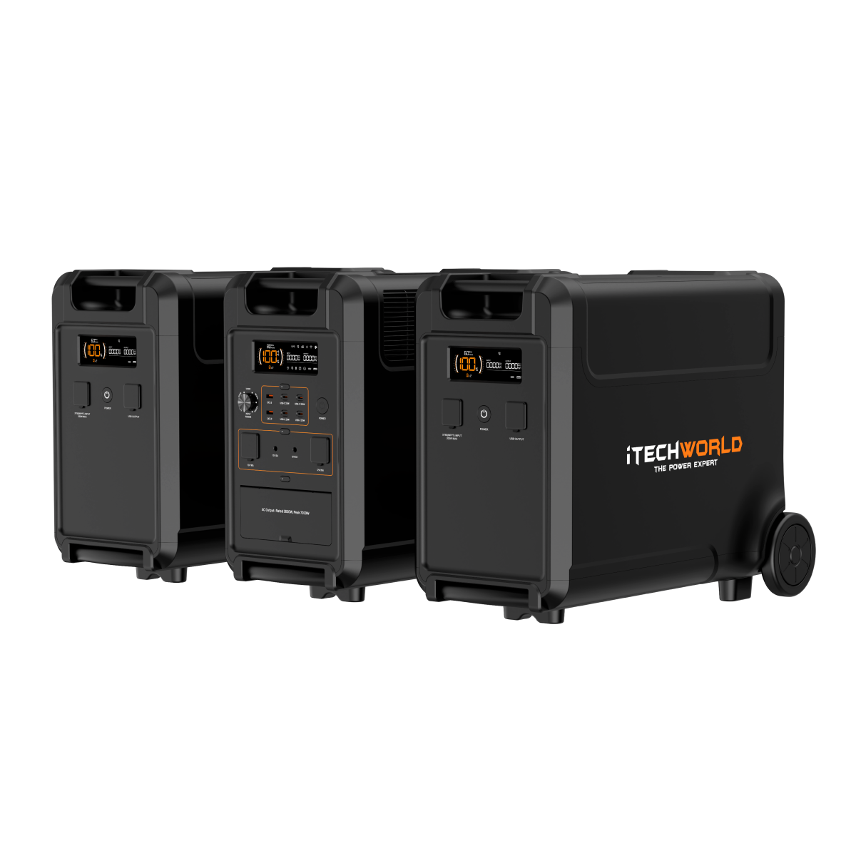 Three iTechworld PS3600 PRO portable lithium power stations (3600W, 320Ah) with Bluetooth are shown from various angles; one unit includes wheels and a handle for easy transport.