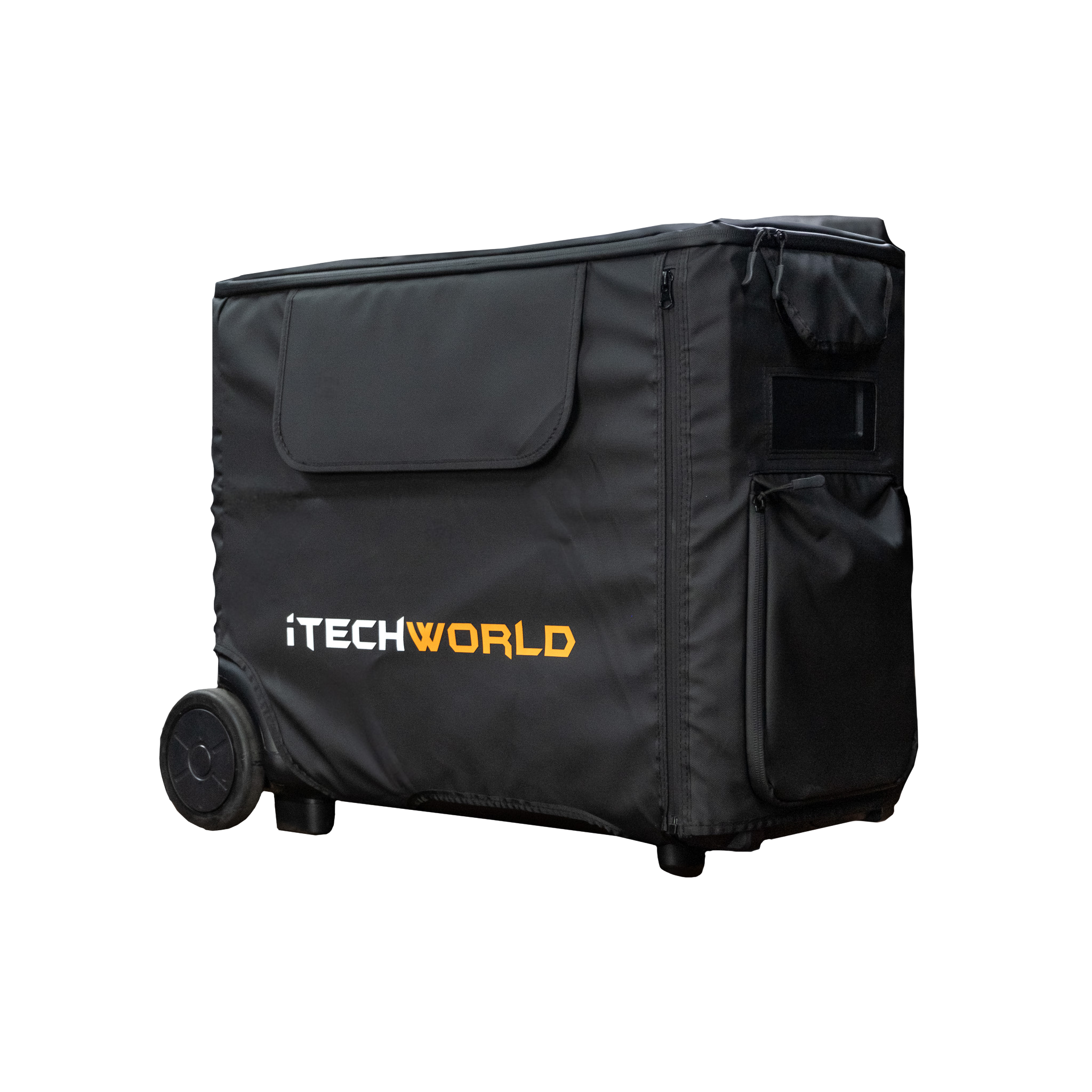 A black iTechworld Power Station Cover (PS3600 PRO) with white and orange branding, zippered pocket, handle, and wheels—ideal for storing your BOGO Bundle or Free Gift—is shown on a white background.