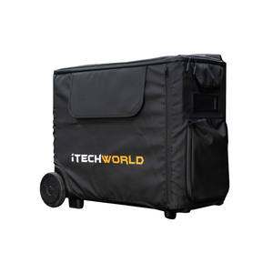 A black iTechworld Power Station Cover (PS3600 PRO) with white and orange branding, zippered pocket, handle, and wheels—ideal for storing your BOGO Bundle or Free Gift—is shown on a white background.