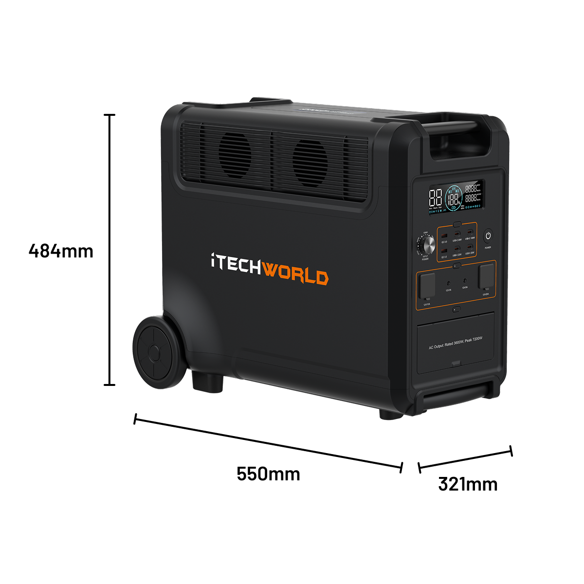 The iTechworld PS3600 PRO Portable Lithium Power Station (3600W, 300Ah) features wheels, multiple control panels, a display, and measures 484mm x 550mm x 321mm—ideal for off-grid power needs.
