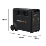 Here’s a rewritten version with your product data: The iTechworld 3600W 300Ah PS3600 PRO Portable Lithium Power Station is a black, wheeled generator featuring a front control panel and side air vents. Equipped with reliable LiFePO4 lithium battery technology, it’s an ideal solution for off-grid power needs. Dimensions: 484mm tall, 550mm long, and 321mm wide.