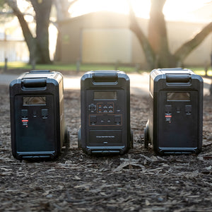 Three iTechworld PS3600 Portable Lithium Power Stations with EB3840 Expansion Battery Kits are outdoors on mulch amid trees and soft sunlight, the central unit showing its control panels—an ideal home backup power solution.