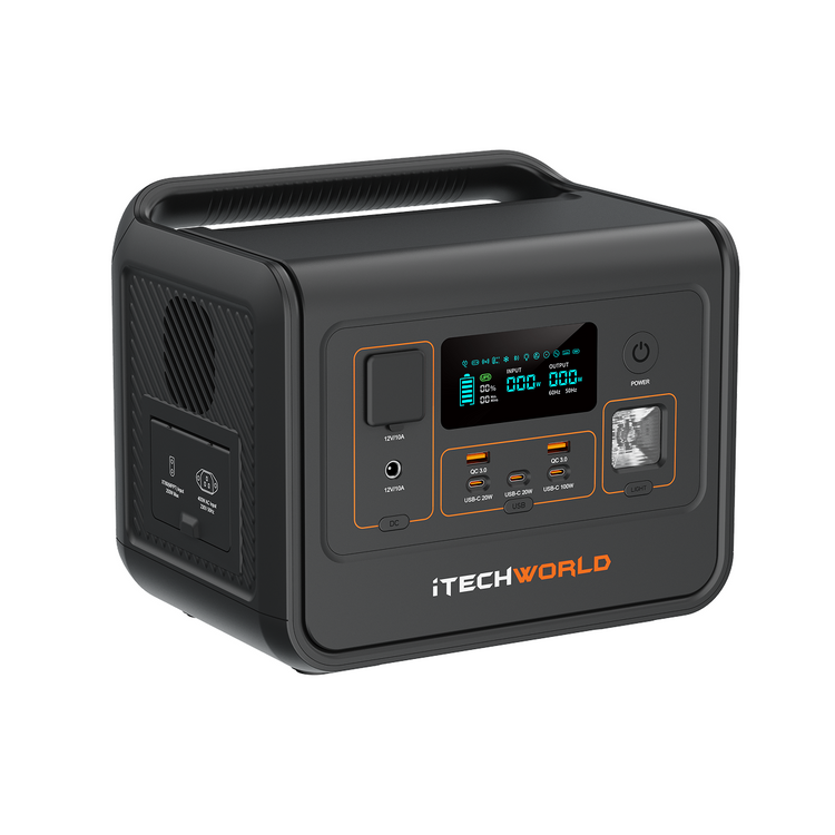 The iTechworld Deluxe Solar Generator Kit features the PS800 Power Station with handle, digital display, multiple buttons and ports, plus a 200W solar blanket—ideal portable power for any adventure.