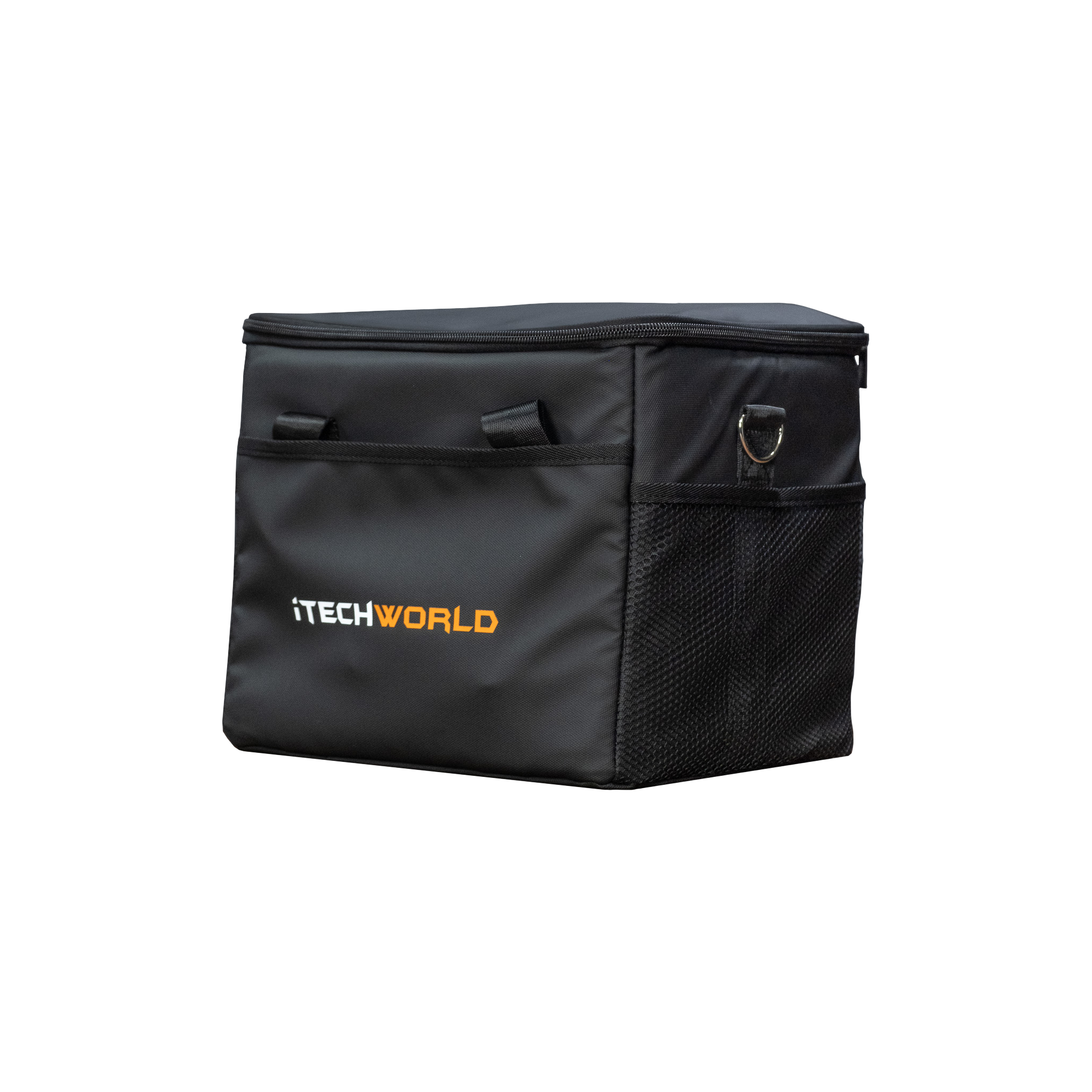 A black rectangular iTechworld Power Station Carry Bag (PS800) with zipper top, mesh side pocket, handles, and a white/orange logo—ideal for storing your free BOGO Bundle items.