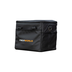A black rectangular iTechworld Power Station Carry Bag (PS800) with zipper top, mesh side pocket, handles, and a white/orange logo—ideal for storing your free BOGO Bundle items.