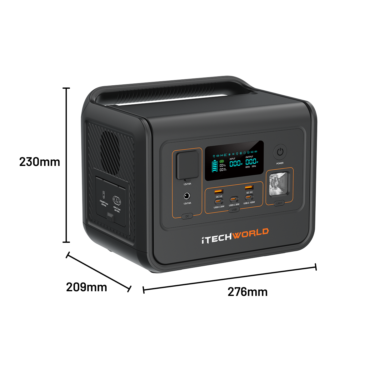 The iTechworld PS800 Portable Lithium Power Station (800W 40Ah) in black features a handle, front digital display, multiple ports, and measures 230mm high, 209mm deep, and 276mm wide—perfect as an outdoor power supply.