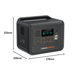 The iTechworld 800W 40Ah | PS800 Portable Lithium Power Station is a black unit featuring a display screen, control buttons, and multiple input/output ports. Measuring 230mm in height, 276mm in width, and 209mm in depth, it’s the ideal outdoor power supply for all your adventures.