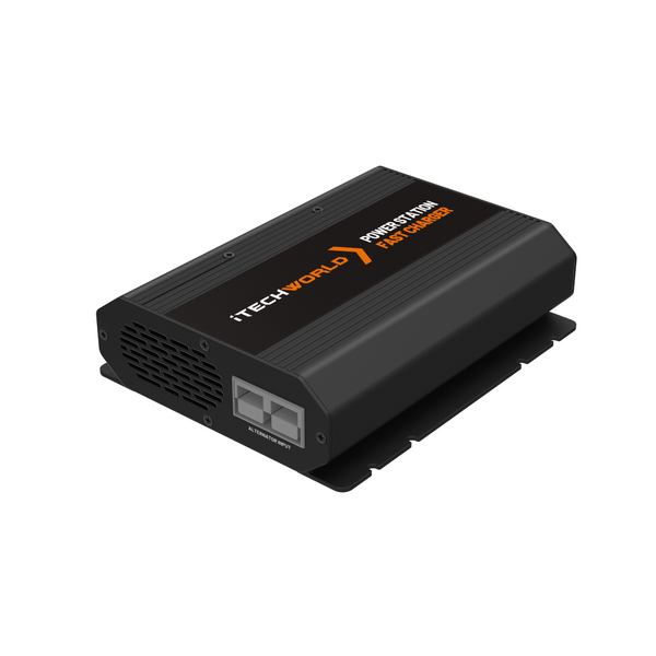 The iTechworld Power Station Fast Charger 48V 500W is shown in black with orange and white branding, vent, and two ports—perfect for charging your portable power station or as a vehicle alternator charger.