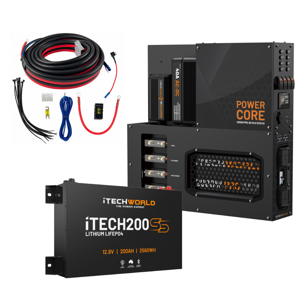 The iTechworld 200Ah Super Slim Power Core All-in-One Complete System, featuring a black lithium battery, power management unit, cables, and wiring kit from iTechworld, is displayed on a white background.