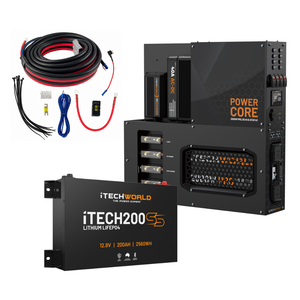 The iTechworld 200Ah Super Slim Power Core All-in-One Complete System, featuring a black lithium battery, power management unit, cables, and wiring kit from iTechworld, is displayed on a white background.