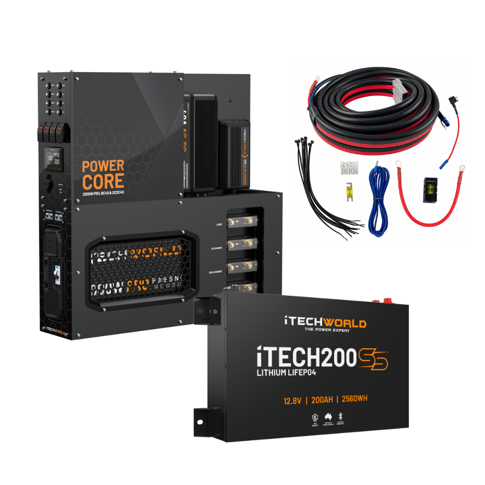 The iTechworld 200Ah Super Slim Power Core All-in-One Complete System, shown with its wiring kit on a white background.