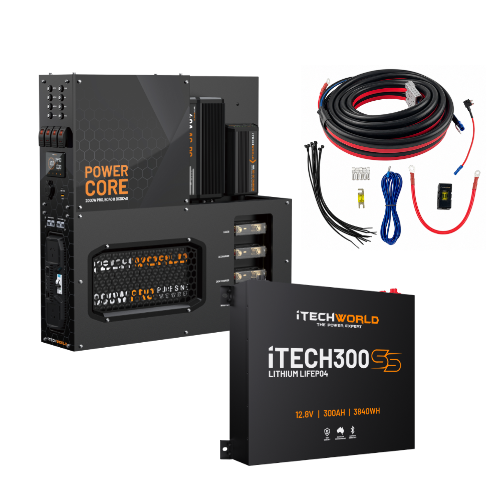 Here’s the rewritten sentence using your given product data: The iTechworld 300Ah Super Slim Power Core All-in-One Complete System, featuring the Power Core unit, iTECH300SS LiFePO4 battery, wiring cables, connectors, and fuses from iTechworld, is arranged on a white background.