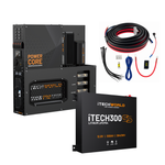 Here’s the rewritten sentence using your given product data: The iTechworld 300Ah Super Slim Power Core All-in-One Complete System, featuring the Power Core unit, iTECH300SS LiFePO4 battery, wiring cables, connectors, and fuses from iTechworld, is arranged on a white background.